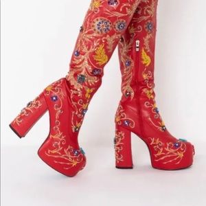 Embroidered Red Platform Boots
